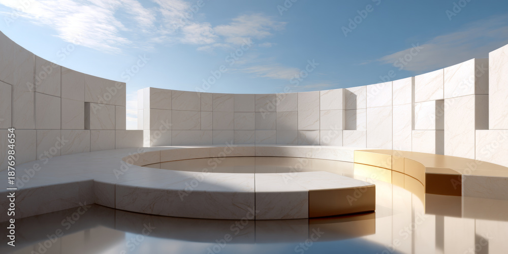 Obraz premium Modern circular marble architectural structure with smooth curved seating under a partly cloudy blue sky in bright natural light