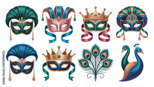 A Collection of Masks and Peacock Illustrations.
