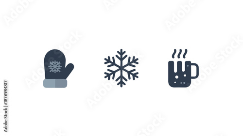 Winter essentials: mitten, snowflake, and hot beverage icon set.