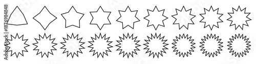 Decorative star polygon outline shapes geometric transformation set abstract symmetry figures isolated white background sharp angular evolution forms design collection optical contour art