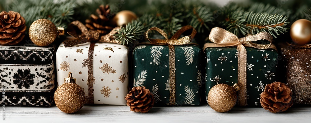 Obraz premium Christmas gift boxes with fir branches and festive decorations in elegant style