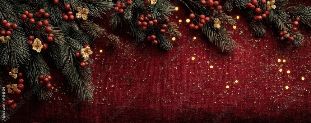 Obraz premium Christmas-themed background featuring pine branches, red berries, and golden decorations