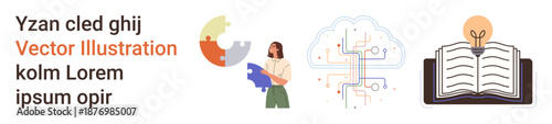Education, digital transformation, technology, innovation, collaboration, learning. A woman with puzzle pieces, cloud with circuits open book with light bulb. Education and digital transformation