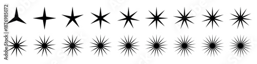 Geometric starburst shapes collection black silhouette abstract design isolated set sharp pointed rays retro vintage decoration radial symmetry pattern icon graphic symbol illustration