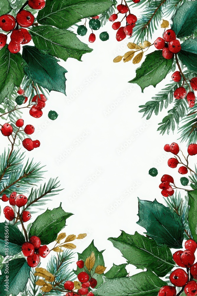 Obraz premium Watercolor Christmas frame with holly, red berries, and pine branches design
