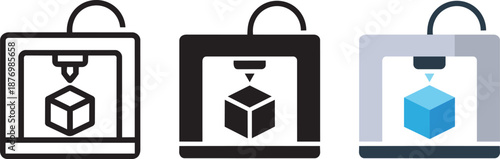 Additive manufacturing 3d printer icons featuring linear bold and color variants for industry
