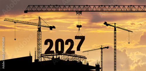 Construction crane lowering number 7 to form 2027. New Year 2027 concept with silhouette construction site, teamwork and cooperation. Sunrise sky. Vector symbolizing preparation and new beginnings.