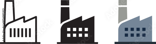 Modern industrial facility icons showing factory silhouettes with chimneys and window details