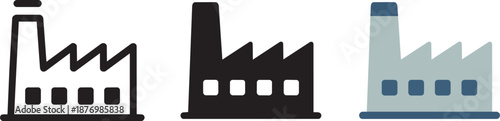 Manufacturing factory plant icons including outline silhouette and colorful flat design styles
