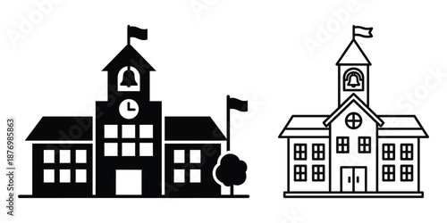 School building with tower and clock silhouette icon isolated on white background vector