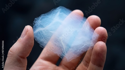 Close Up of a Hand Holding Ultra Lightweight Translucent Blue Aerogel Solid Smoke Technology Sample