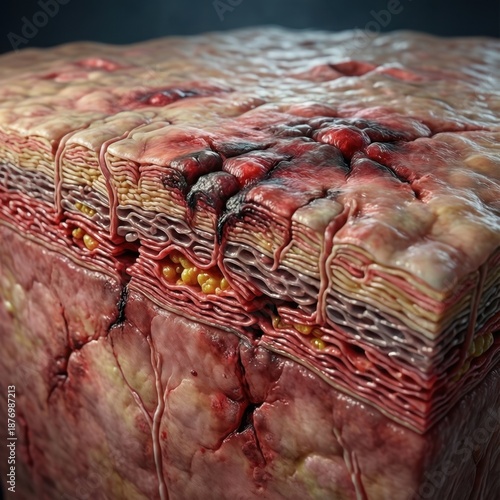 Macro view showing microscopic skin damage from chemical exposure, irritated cells and toxic reaction for medical illustration.