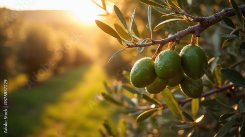 Ripe olives covered in morning dew nestled among gnarled branches and leaves in a serene Mediterranean olive grove at sunrise.