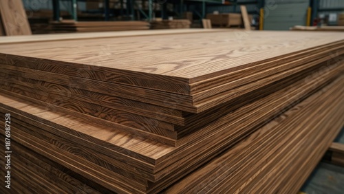 Stacked plywood sheets in warehouse displaying natural wood grain textures, ideal for construction and carpentry promotional materials.