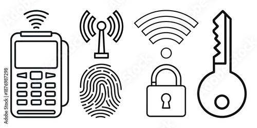 Digital identification and access control technology icons in modern vector outline style