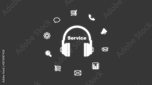 Service Excellence: A stylized image evokes the essence of dedicated support, showcasing headphones encircled by icons representing communication and assistance.