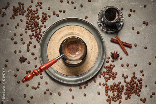 Cezve of hot Turkish coffee...