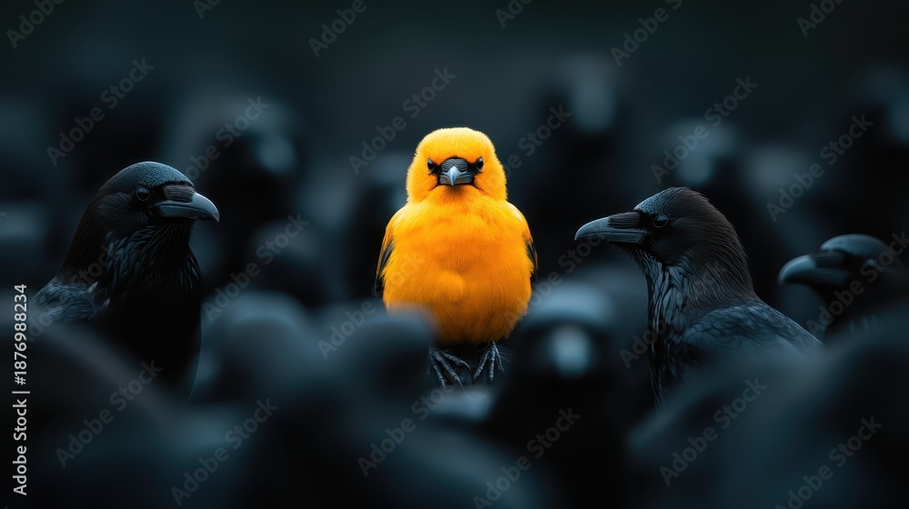 Fototapeta premium A striking yellow bird stands out among a group of dark ravens, showcasing a vivid contrast that symbolizes individuality and uniqueness in nature's palette.