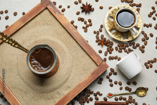 Cezve of hot Turkish coffee...