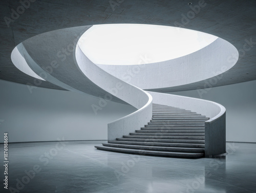 Elegant modern spiral staircase made of smooth concrete under a large circular skylight showcasing minimalist architectural design with soft natural lighting and ref