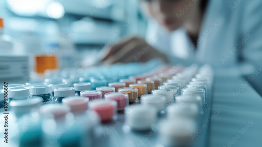 Obraz premium An organized arrangement of colorful vials in a lab, symbolizing scientific research and innovation, with a blurred figure working diligently in the background.