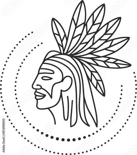 Native american indian head with feather headdress in black and white line art style