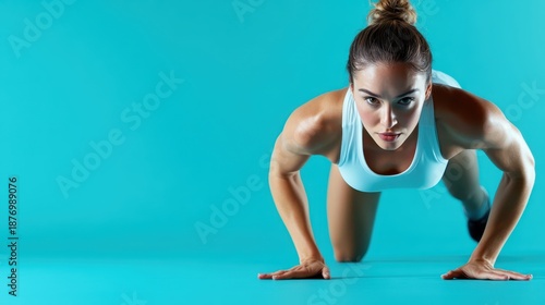 A focused woman in a white athletic outfit performs a mountain climber exercise on a bright turquoise surface, emphasizing strength, determination, and a commitment to fitness. © Larisa AI