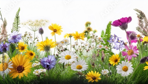 Lush Wildflower Meadow Border Isolated On White Background Eye Level Shot Vibrant Springtime Flora And Greenery