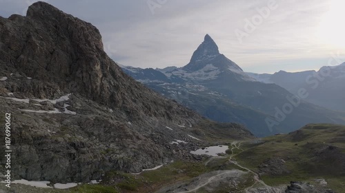 Landscape Natural Scenery of Matterhorn Mountain Peak. Scenics Nature Outdoors of Swiss Alps, Europe Travel Vacation , Matterhorn peak reflected in Stellisee Lake in Zermatt, Switzerland. 