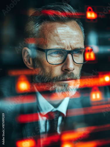 Corporate employee observing holographic security lock icons in office workspace