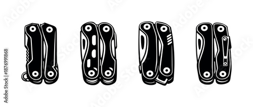 Multitool silhouettes vector icons set, black and white gear symbols, tool collection