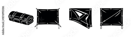 Camping gear vector icons set, tarp and sleeping bag symbols, outdoor adventure essentials