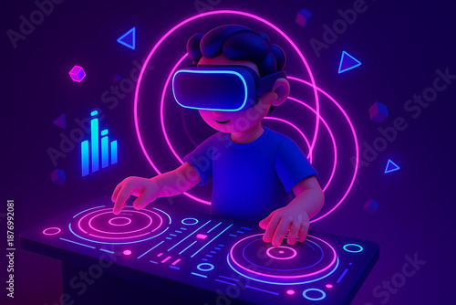 Modern 3D digital artwork of virtual music DJ in VR headset with neon lights and sound waves creating futuristic entertainment visuals
