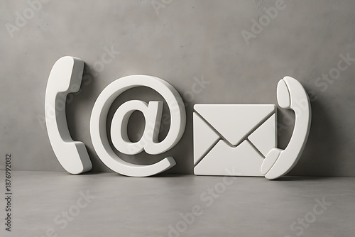 Modern 3D rendering of communication icons including phone email and at sign representing contact connection messaging and digital support