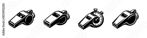 Sports equipment vector icons set: whistles and stopwatch collection