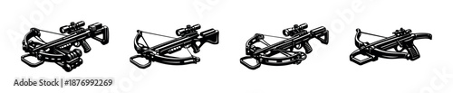 Crossbow vector icons set: archery, hunting tools, weapon symbols, tactical gear