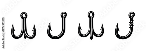 Fishing hooks vector icons set: black outline symbols of treble and single designs