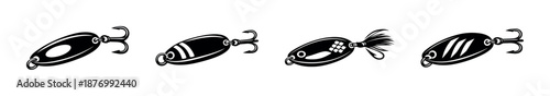 Fishing lure vector icons set with hooks, monochrome, sport fishing symbols
