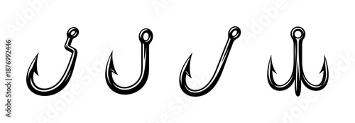 Fishing hooks vector icons set: collection of hook symbols for marine and angling enthusiasts