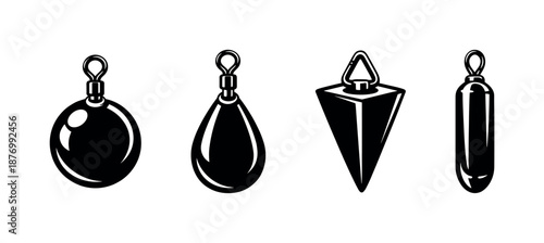 Fishing weights vector icons set: black silhouette of sinkers and lead weights