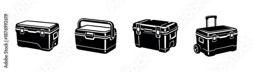 Camping cooler vector icons set: portable, insulated, outdoor storage designs