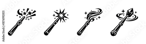 Magic wands vector icons set: wizard, fantasy, mystical symbols