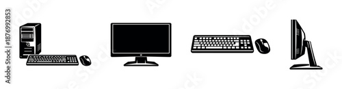 Computer vector icons set: desktop, monitor, keyboard, technology symbols