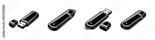 Usb flash drive vector icons set. gadget illustrations in monochrome style