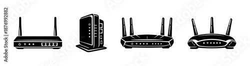 Router and modem vector icons set: wireless networking devices, connection symbols