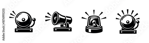 Emergency alarm vector icons set: siren, megaphone, bell, security symbols