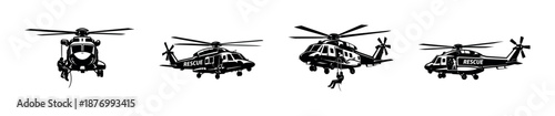 Helicopter rescue operations vector icons set, black silhouettes, emergency, aviation