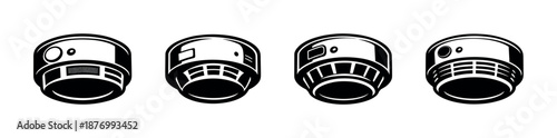 Smoke detectors vector icons set. black and white alarm symbols. safety, protection.