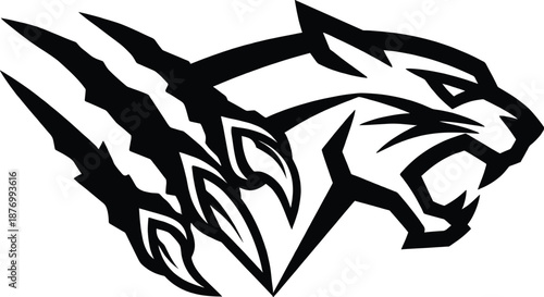 Aggressive Roaring Black Panther Furious Head Silhouette with Claw Scratches, Vector Illustration