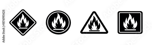 Fire safety vector icons set, hazard symbols, warning signs collection